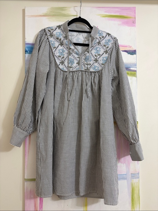 Dresses & Skirts - Women Grey Stripe Dress with Blue Embroidered Yoke